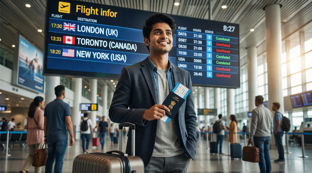 Indian student ready to study abroad with education loan support at international airport terminal.
